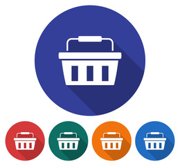 Round icon of shopping basket. Flat style illustration with long shadow in five variants background color