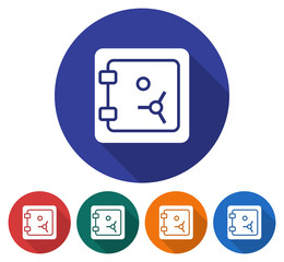 Round icon of safe. Flat style illustration with long shadow in five variants background color
