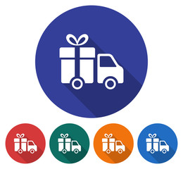 Round icon of delivery car. Flat style illustration with long shadow in five variants background color
