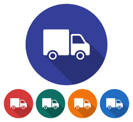 Round icon of delivery car. Flat style illustration with long shadow in five variants background color