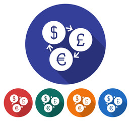 Round icon of currency exchange. Dollar, pounds sterling and euro symbols. Flat style illustration with long shadow in five variants background color