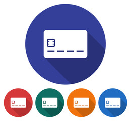 Round icon of bank card. Flat style illustration with long shadow in five variants background color
