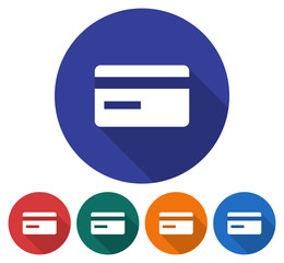 Round icon of bank card. Flat style illustration with long shadow in five variants background color