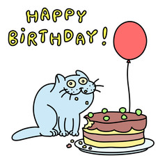 Funny blue cat. Happy Birthday. Vector illustration