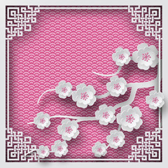 Floral background with oriental frame on pink pattern backdrop and cherry flowers for greeting card, paper cut out style. Vector illustration, layers are isolated