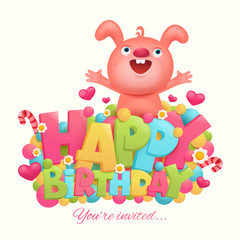Happy birthday concept card title template with pink bunny.