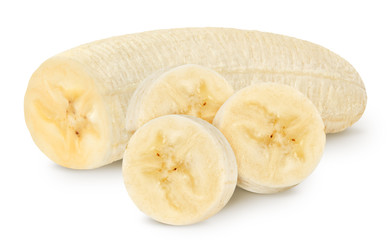 Isolated banana. Peeled banana half with slices isolated on white, with clipping path