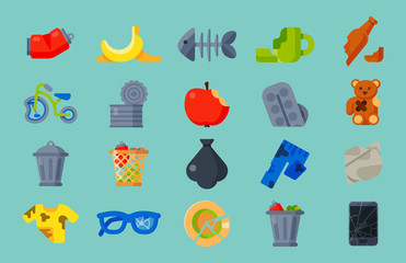 Household waste garbage icons vector illustration trash recycling ecology environment isolated recycle concept plastic paper symbol can bin eco
