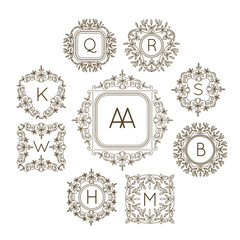 Monogram logo and text badge emblem line art vector illustration luxury template flourishes calligraphic leaves elegant ornament sign.