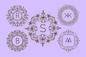 Monogram logo and text badge emblem line art vector illustration luxury template flourishes calligraphic leaves elegant ornament sign.