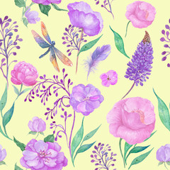 Seamless pattern, purple, watercolor, flower,