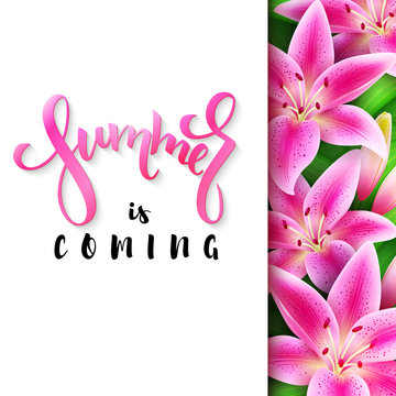 vector illustration of hand lettering poster - summer is coming with paper sheet on a background of blooming lily