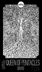Queen of Pentacles. Dryad. Minor Arcana Tarot card. Fantasy engraved illustration. See all collection in my portfolio set