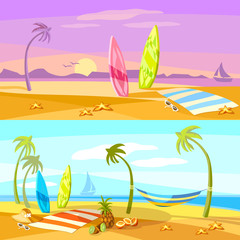Fototapeta na wymiar Summer holiday sunset beach scene vector cartoon. Set of vector summer travel banners