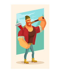 Fototapeta na wymiar Lumberjack man mascot character hold axe. Vector flat cartoon illustration
