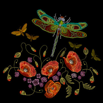 Embroidery, poppies dragonfly and butterflies vector. Classic beautiful butterflies and dragonflies