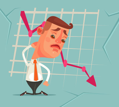 Business fail. Graph down. Sad unhappy office worker. Vector flat cartoon illustration