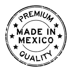 Grunge black premium quality made in Mexico round rubber seal stamp on white background