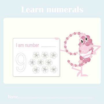 Counting educational, kids activity sheet. Learning numbers 9 stock vector illustration