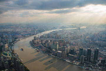 Obraz premium Puxi Buildings Skyscrapers Cityscape at haze sunset in Shanghai China
