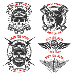 Born for speed. Set of the emblems with racer skulls. Biker club labels. Vector illustrations.