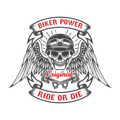 Racer skull with wings and two crossed pistons. Biker power. Ride or die. Design element for poster, t-shirt, emblem. Vector illustration