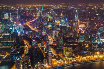 Fototapeta na wymiar Shanghai neon night highway futuristic illuminated skyscrapers China