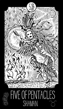 Five of Pentacles. Shaman. Minor Arcana Tarot card. Fantasy engraved illustration. See all collection in my portfolio set