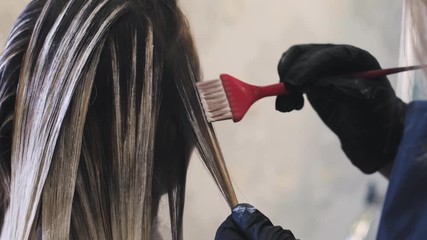 Stylist does hair coloring in beauty studio, woman changes her look, professional coloring and hair care, beauty business,