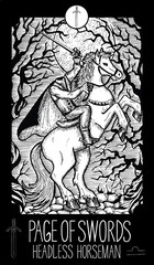 Fototapeta na wymiar Page of Swords. Headless Horseman. Minor Arcana Tarot card. Fantasy engraved illustration. See all collection in my portfolio set