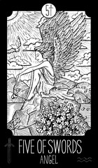 Five of Swords. Angel. Minor Arcana Tarot card. Fantasy engraved illustration. See all collection in my portfolio set