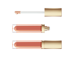 Lip gloss in elegant glass bottle with golden lid, closed and open container with brush, isolated on white background. Liquid lipstick.