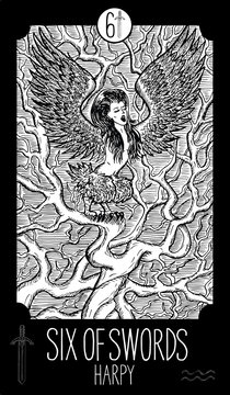 Six of Swords. Harpy. Minor Arcana Tarot card. Fantasy engraved illustration. See all collection in my portfolio set