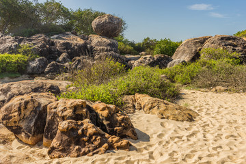 Beautiful beach lagoon bicycle rocks boy