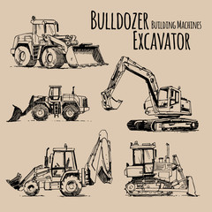 Excavator, Bulldozer. Building Machines Set. Hand drawn sketch illustration