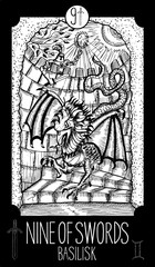 Nine of Swords. Basilisk. Minor Arcana Tarot card. Fantasy engraved illustration. See all collection in my portfolio set