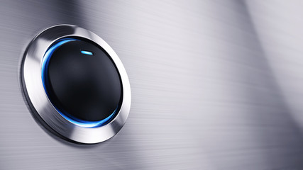 Black power button with blue led light - 3d render