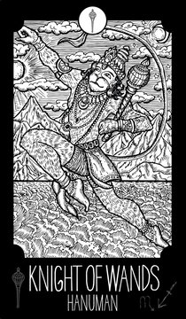 Knight of Wands. Hanuman. Minor Arcana Tarot card. Fantasy engraved illustration. See all collection in my portfolio set