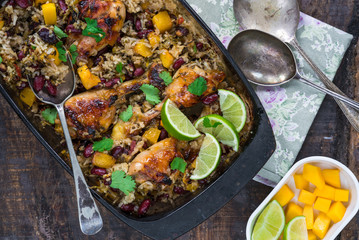 Mango chicken, bean and rice bake