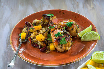 Mango chicken, bean and rice bake