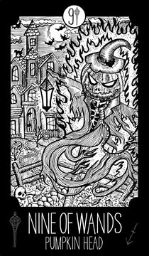 Nine of Wands. Pumpkin Head. Minor Arcana Tarot card. Fantasy engraved illustration. See all collection in my portfolio set