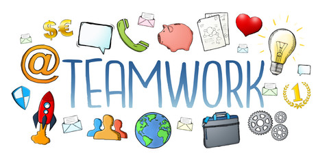 Hand-drawn teamwork text with icons