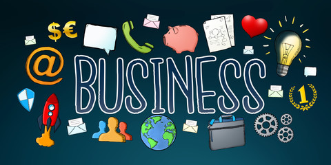 Hand-drawn business text and icons