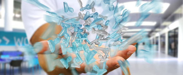 Obraz premium Businessman holding shiny glass avatar group 3D rendering
