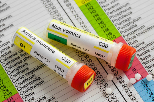 Tubes of homeopathy globules and list of different homeopathic preparation of first aid kit on background.
