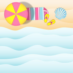 Fototapeta na wymiar The sea shore with an umbrella and a towel is a top view. Beach. A square template for posters and flyers on the summer theme.