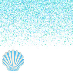 A square poster with a blue seashell on a background of confetti. Template for summer flyer, for advertising of tourist offers, souvenirs.