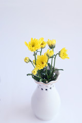 yellow chrysanthemum flowers in vase on abstract blurred light background. floral gift. spring season. copy space. template for design