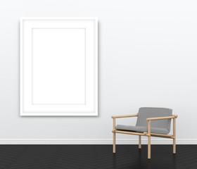 3d rendering of blank picture frame and gray armchair