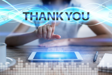 Woman using tablet pc, pressing on virtual screen and selecting thank you.